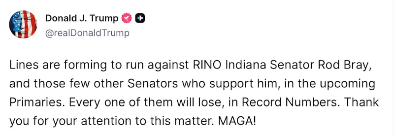 Donald Trump posts about Indiana on Truth Social.