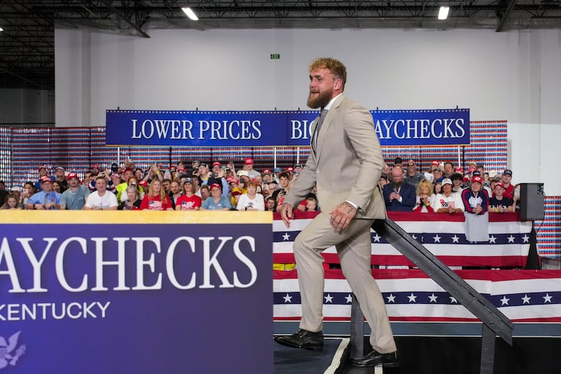 HEBRON, KENTUCKY - MARCH 11: Jake Paul takes the stage during an event with U.S. President Donald Trump at Verst Logistics on March 11, 2026 in Hebron, Kentucky. Verst Logistics handles packaging, shrink sleeve labeling, and transportation management for various brands. (Photo by Andrew Harnik/Getty Images)