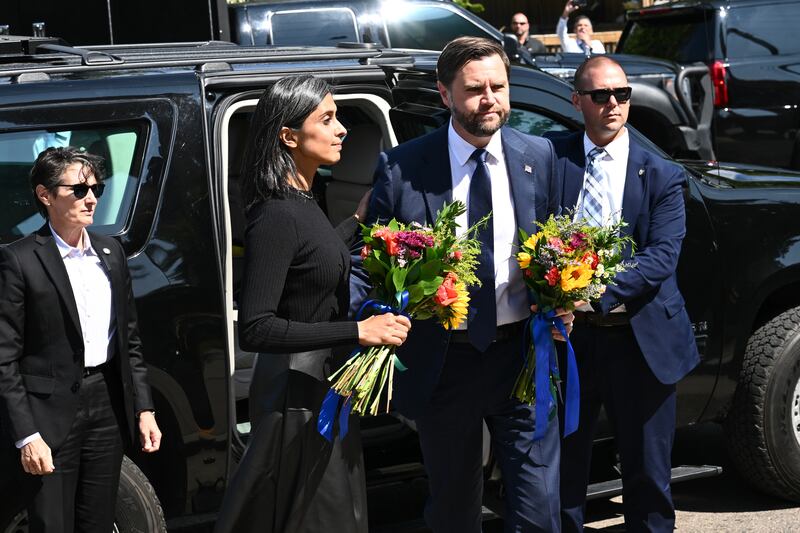 MINNEAPOLIS, MINNESOTA - SEPTEMBER 3: U.S. Vice President JD Vance and Second Lady Usha Vance arrive to pay their respects to victims of the Annunciation Catholic Church shooting on September 3, 2025 in Minneapolis, Minnesota. The Vances will pay their respects to the victims of the Annunciation Catholic Church shooting that left two students dead and many more wounded. (Photo by Alex Wroblewski - Pool/Getty Images)
