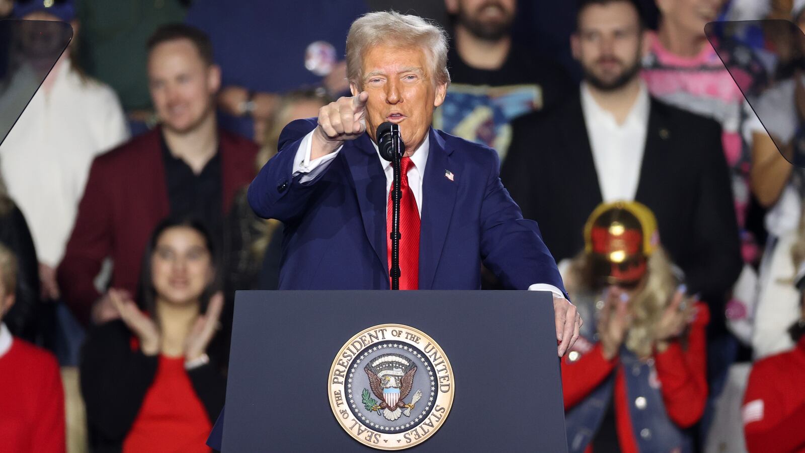 Donald Trump speaks at a rally at Circa Resort & Casino on January 25, 2025 in Las Vegas, Nevada. The event focused on Trump’s first week in office, including his proposed policy to eliminate taxes on tips for service industry employees.