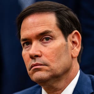 WASHINGTON, DC - JULY 14: U.S. Secretary of State Marco Rubio listens as U.S. President Donald Trump meets with Mark Rutte, NATO's secretary general, at the White House on July 14, 2025 in Washington, DC. The President told reporters over the weekend that he would be making a "major statement" today about Russia, as he expressed his growing frustration with President Vladimir Putin's refusal to end the war in Ukraine. (Kent Nishimura for The Washington Post via Getty Images)