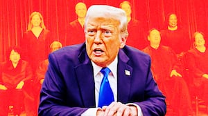 A photo illustration of Donald Trump in front of SCOTUS justices.