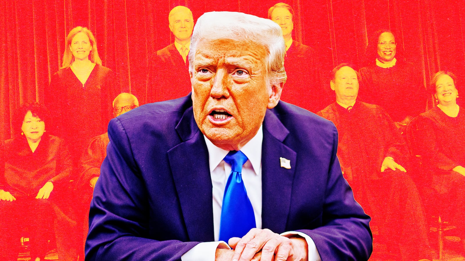 A photo illustration of Donald Trump in front of SCOTUS justices.