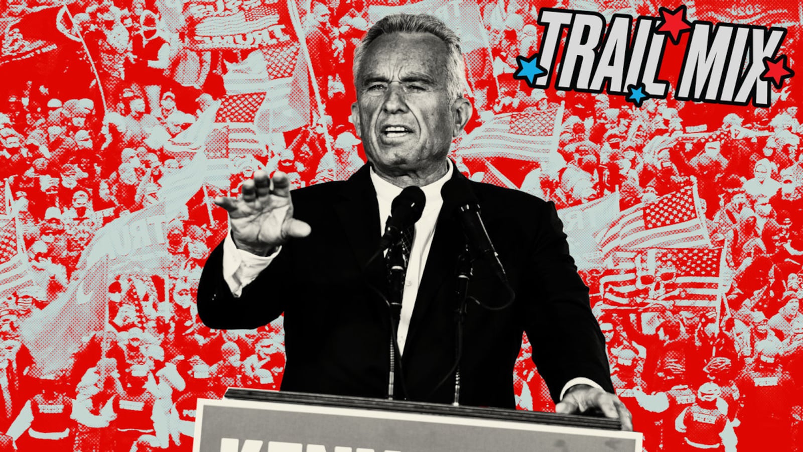 Photo illustration of RFK Jr. in front of a red and blue filtered image of the January 6 protesters.