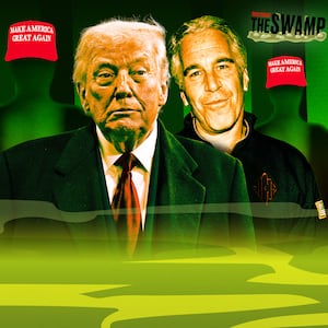 A photo illo illustration of Donald Trump and Jeffrey Epstein for The Swamp.
