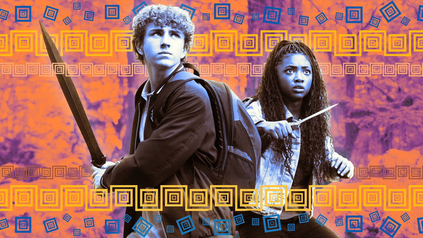 A photo illustration of Walker Scobell and Leah Sava Jeffries on Percy Jackson and The Olympians.