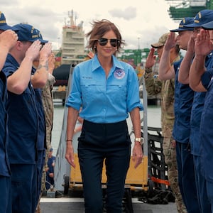 US Homeland Security Secretary Kristi Noem boards the US Coast Guard Cutter Escanaba for a meeting on drug interdiction on June 24, 2025 in Panama City.