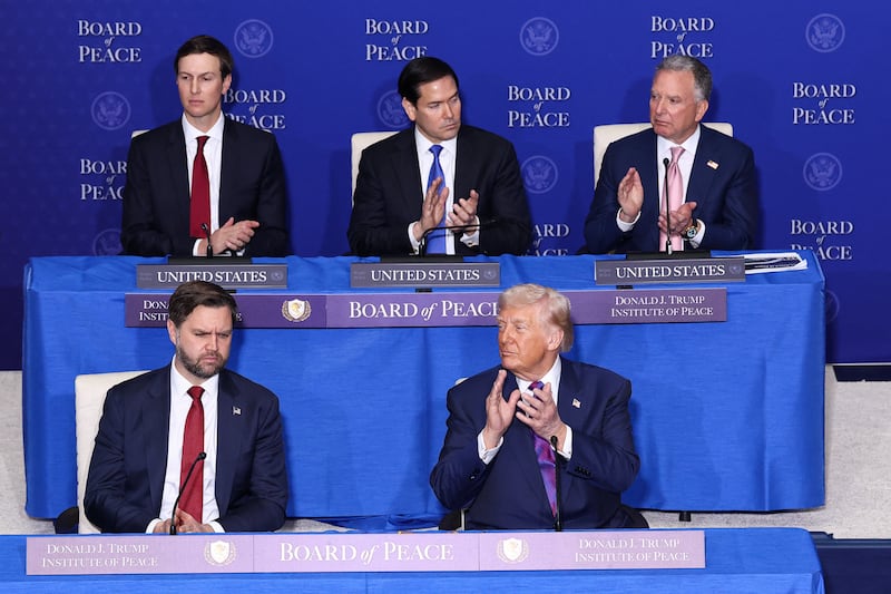 U.S. President Donald Trump, Vice President JD Vance, Secretary of State Marco Rubio, Donald Trump's son-in-law Jared Kushner and U.S. Special Envoy Steve Witkoff attend the inaugural Board of Peace meeting at the U.S. Institute of Peace in Washington, D.C., U.S., February 19, 2026.