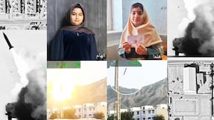 A photo composite of Elahe, Helma, an HIMARS artillery system launch a Precision Strike Missile, or PrSM, striking an Iranian sports hall in Lamerd, Iran, during Operation Epic Fury in the U.S. Central Command.