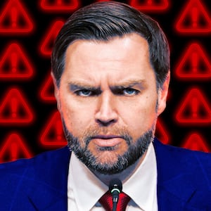 A photo illo illustration JD Vance in front of red alert symbols.