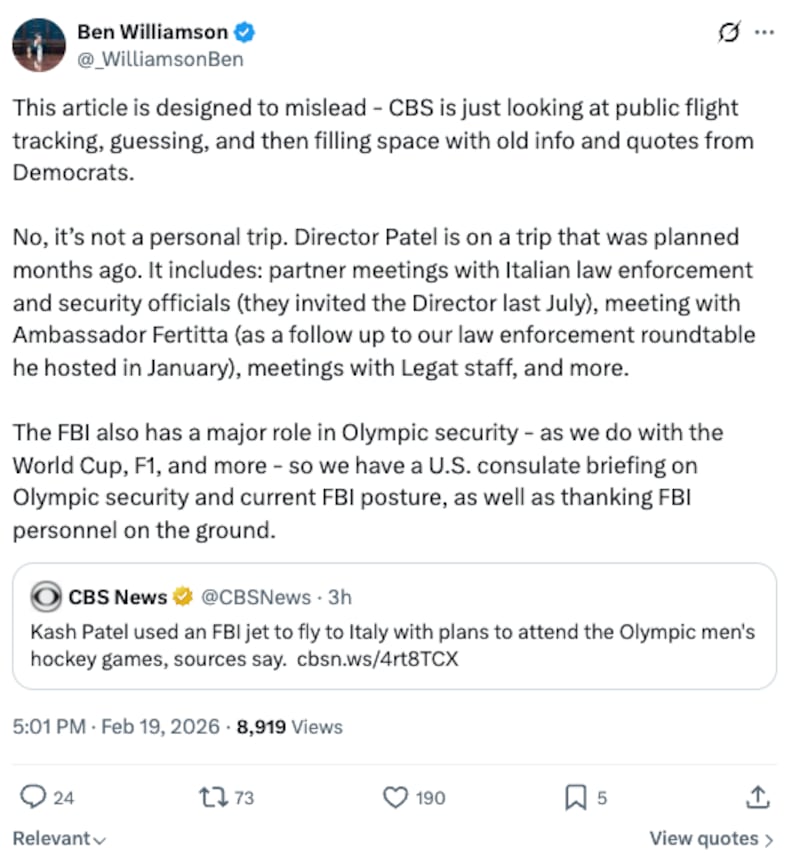 A statement by an FBI spokesperson regarding Kash Patel's itinerary while in Italy during the 2026 Winter Olympics.
