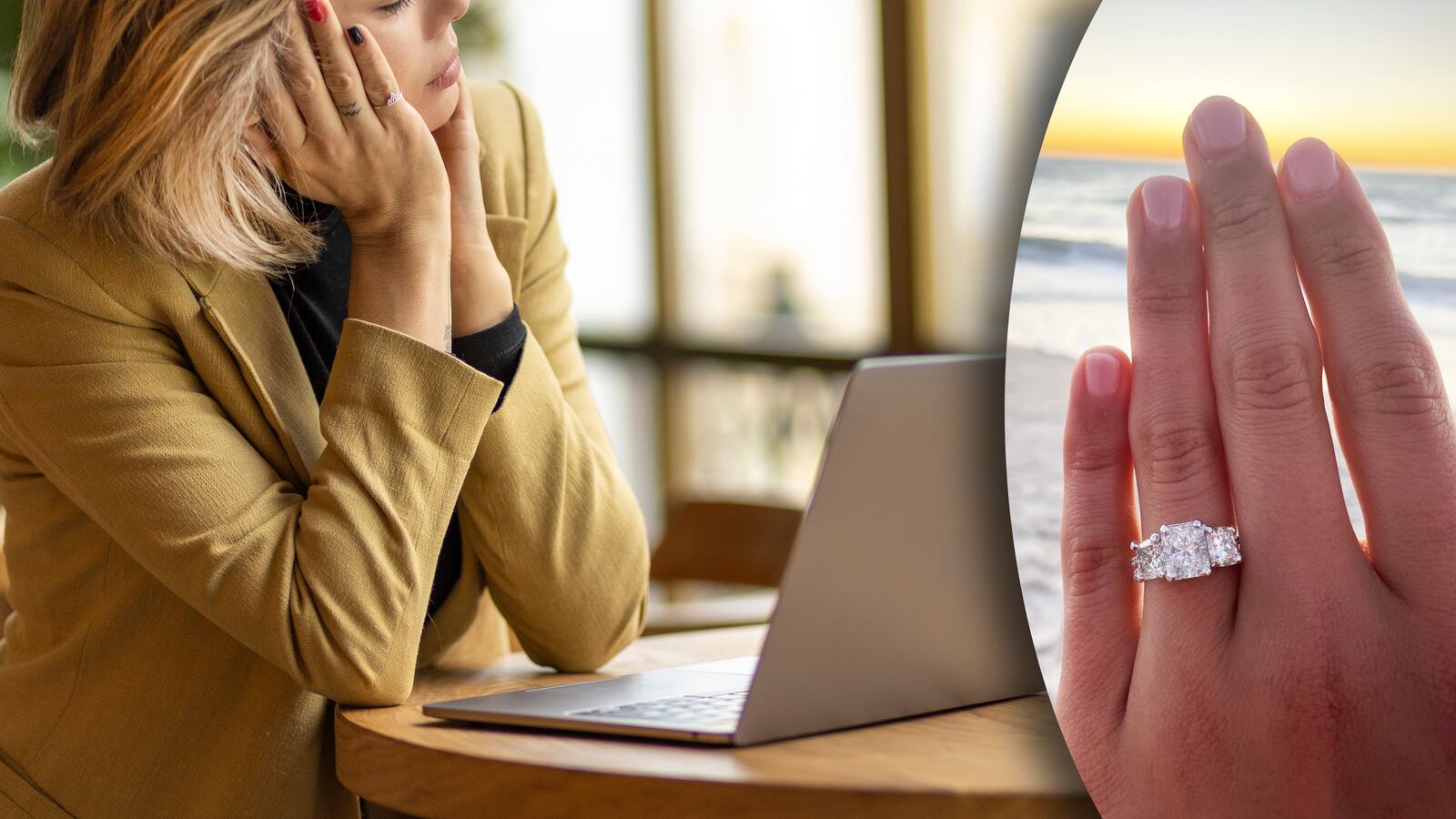 woman on laptop with engagement ring inset to represent AI chatbot engagement