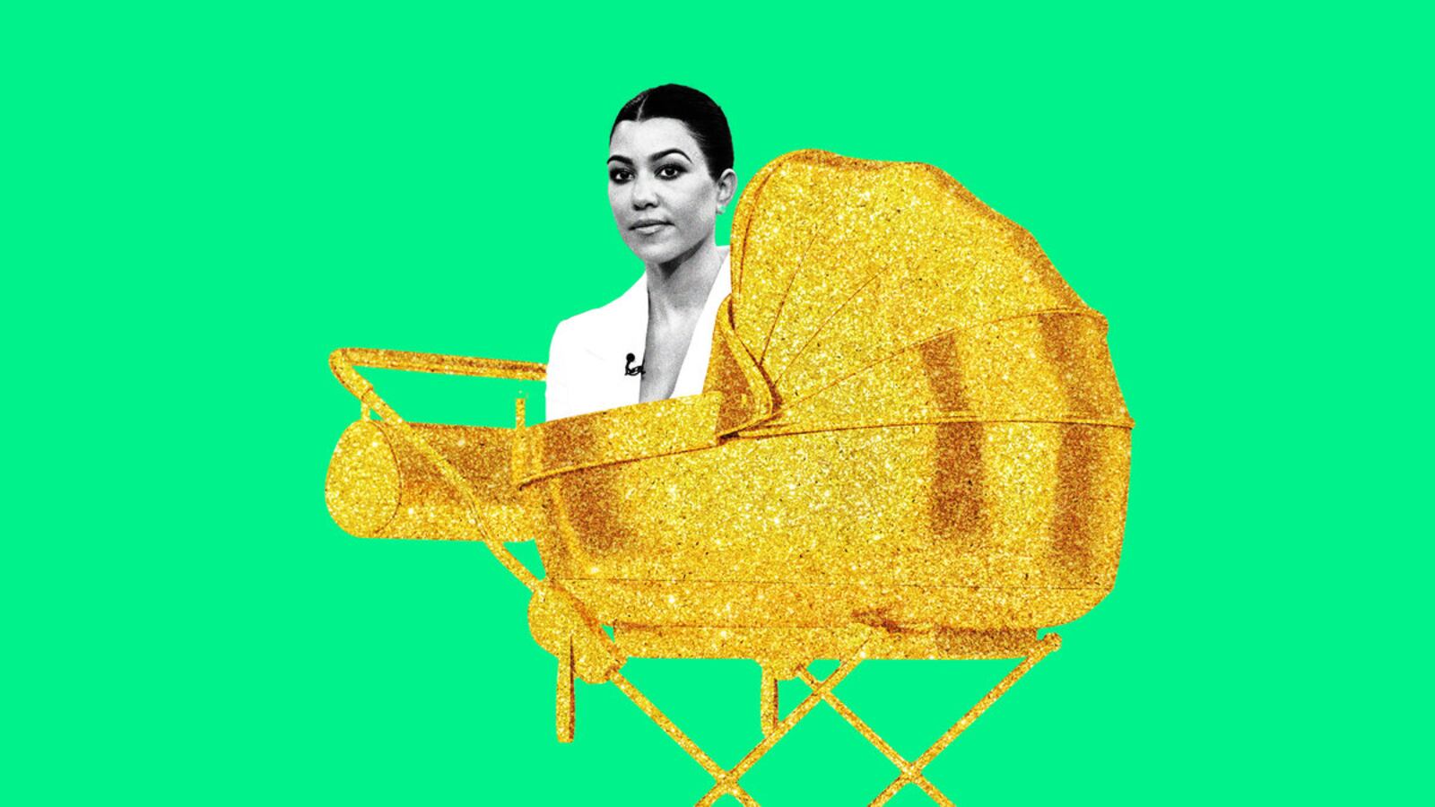 An illustration including images of Kourtney Kardashian and a Golden Stroller.