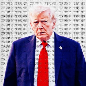 A photo illustration of Donald Trump and his name repeated along with Epstein.