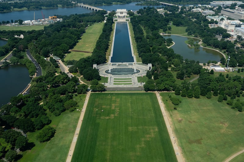 An aerial view from the Washington Monument of a large partial tracing of the term 8647 near the Washington Monument in Washington, D.C., U.S., June 12, 2026.