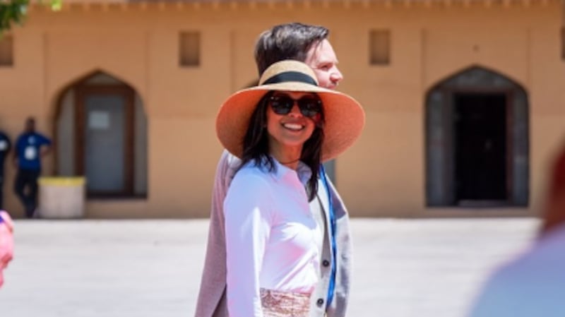 Usha Vance with a hat on.