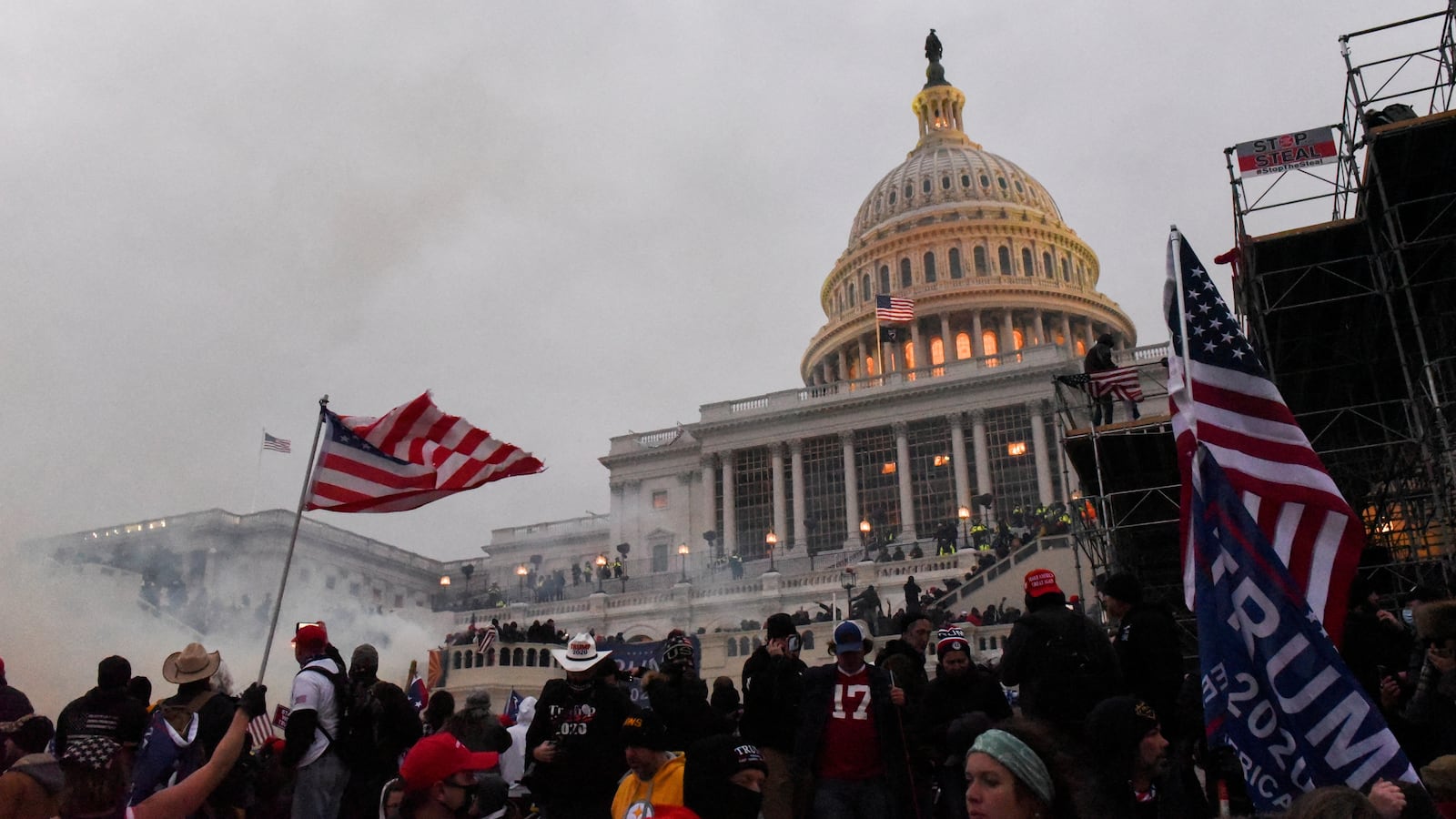 Supporters of U.S. President Donald Trump riot outside the U.S. Capitol Building.