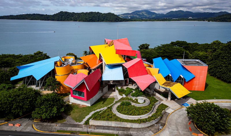 This aerial view shows the BioMuseo museum, dedicated to the biodiversity and natural history of Panama, in Panama City.