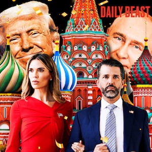 A photo illustration of Donald Trump Jr., Bettina Anderson, Donald Trump, Putin and the Kremlin for The Daily Beast podcast.