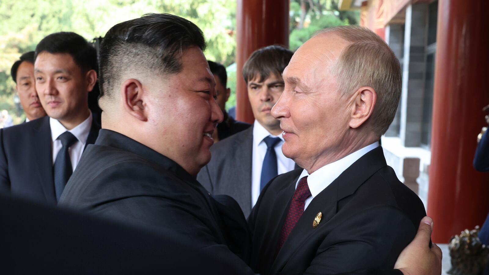 BEIJING, CHINA - SEPTEMBER 3: (RUSSIA OUT) Russian President Vladimir Putin (R) greets North Korean Supreme Leader Kim Jong Un (L) after their bilateral meeting on September 3, 2025, in Beijing, China. President Putin is visiting China and will attend a military parade in Beijing to celebrate the 80th anniversary of the end of WW2. (Photo by Contributor/Getty Images)