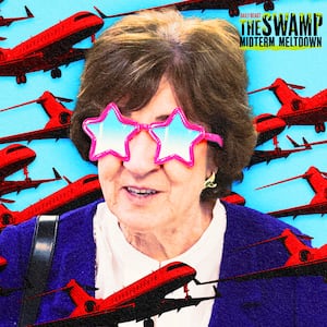 A photo illustration of Sen. Susan Collins and private jets for The Swamp Midterm Meltdown.