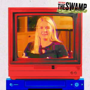 An animated GIF of Karoline Leavitt inside an old television set from "Project 2025 Private Training Video: The Art of Professionalism."