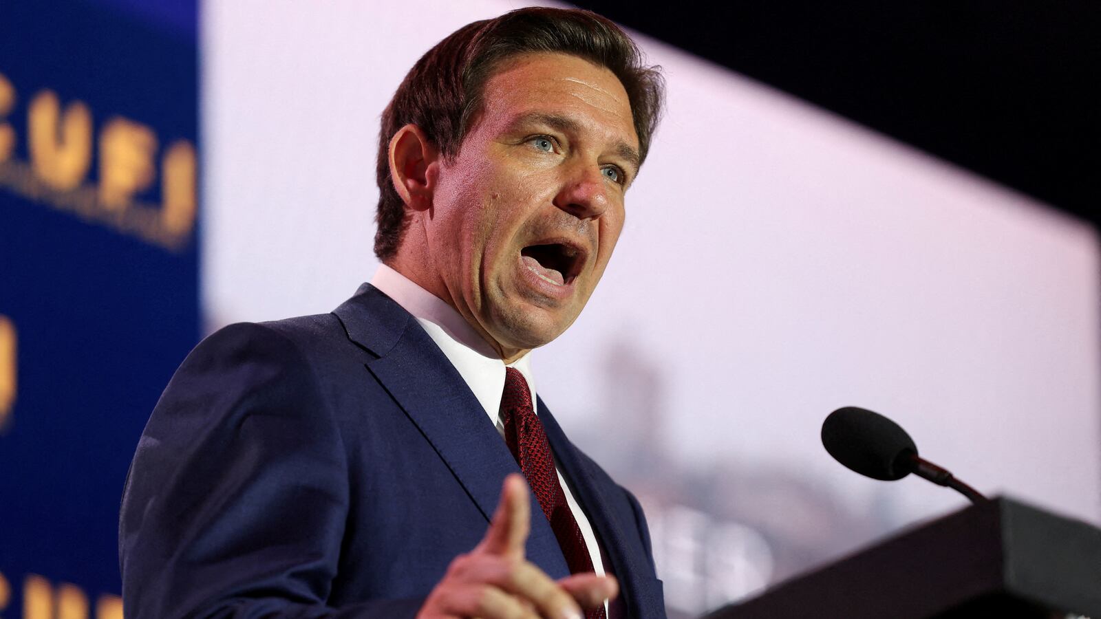Florida Governor Ron DeSantis delivers remarks at the annual Christians United for Israel Summit (CUFI) at the Crystal Gateway Marriott in Arlington, Virginia, July 17, 2023.