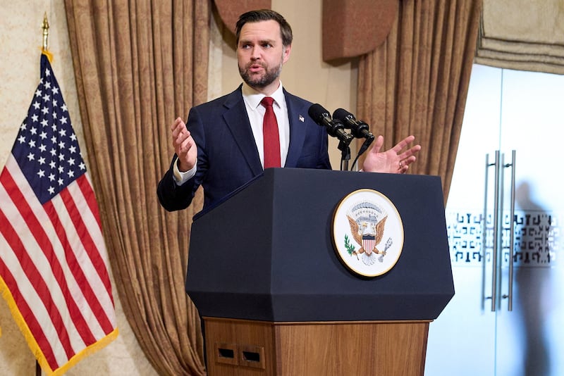 U.S. Vice President JD Vance speaks during a news conference after meeting with representatives from Pakistan and Iran, April 12, 2026, in Islamabad, Pakistan.