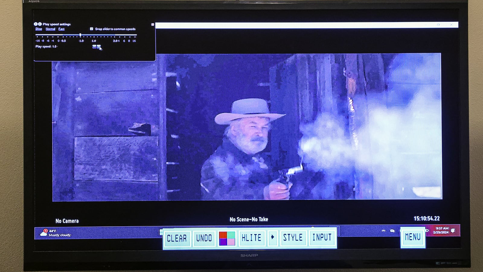 A still from a video clip featuring Alec Baldwin shown during the involuntary manslaughter trial of Hannah Gutierrez-Reed at the First Judicial District Courthouse