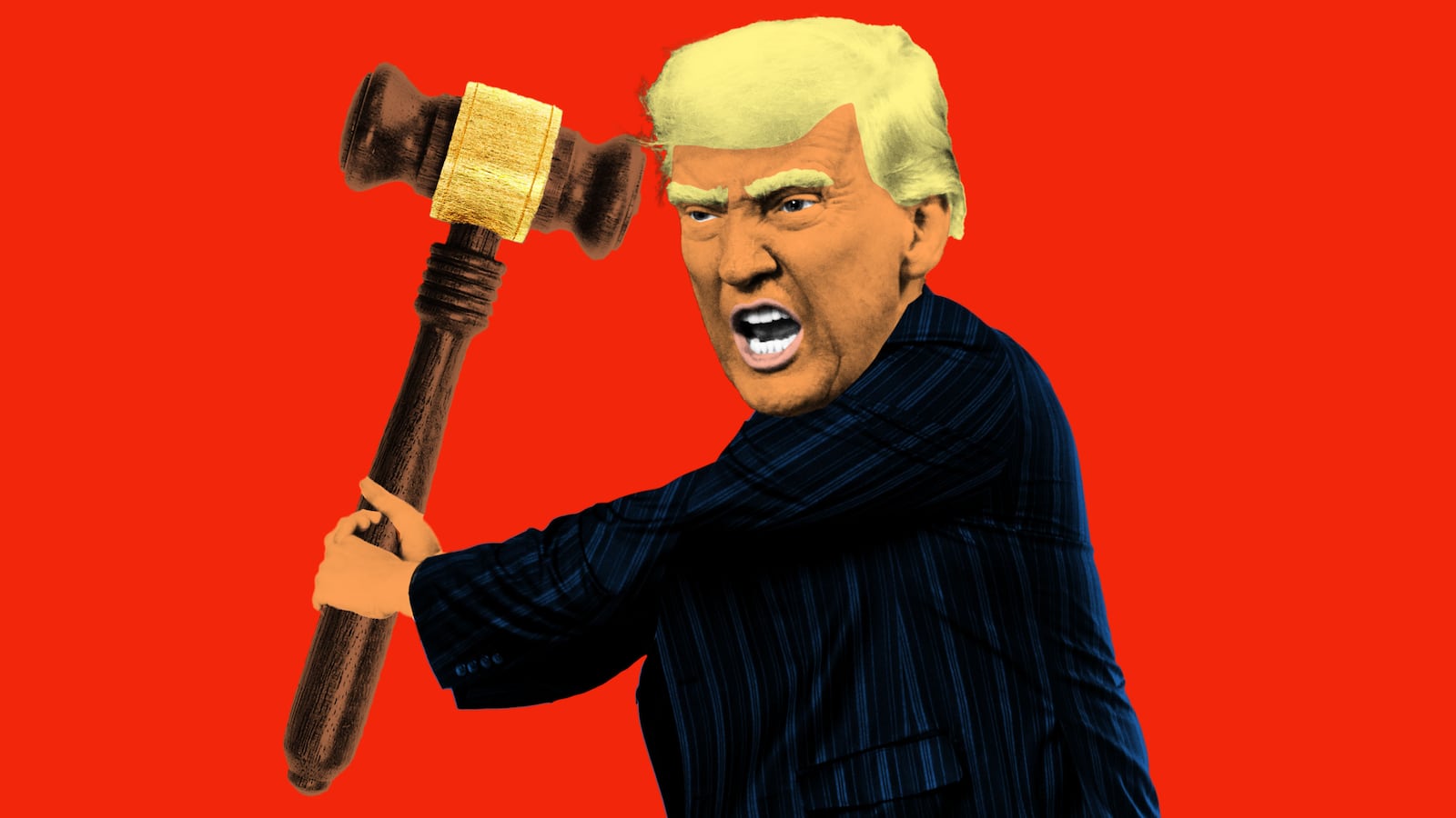 Angry looking Donald Trump swinging a judge's gavel