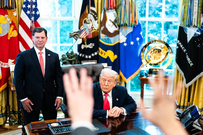 US President Donald Trump speaks to the press in the Oval Office