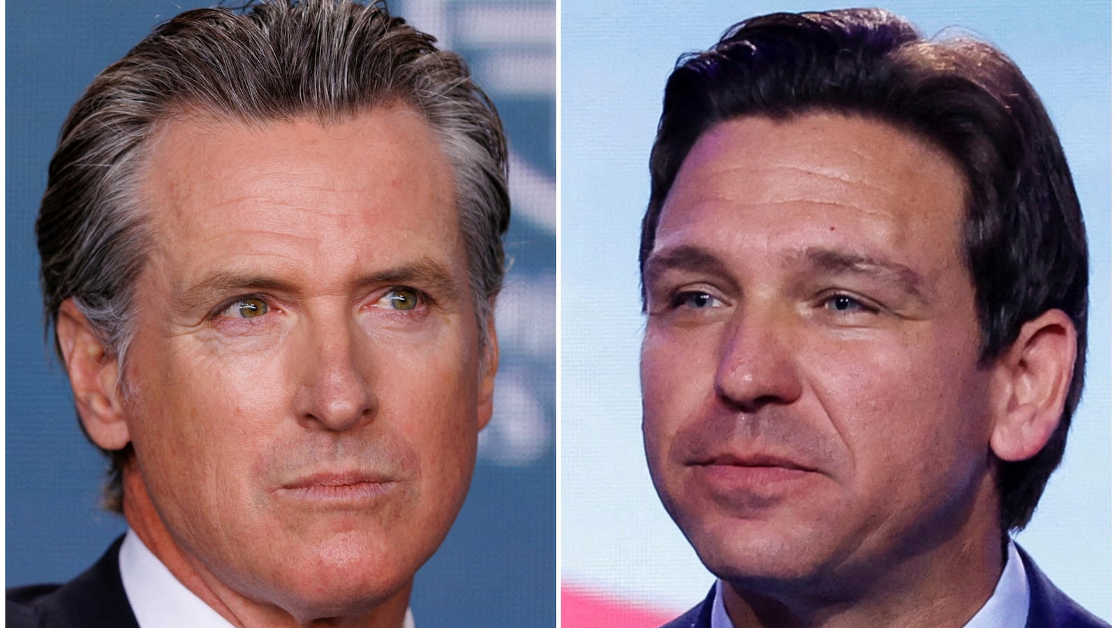 A combination picture shows Gavin Newsom, the Governor of the State of California speaking at the 2023 Milken Institute Global Conference in Beverly Hills, California.