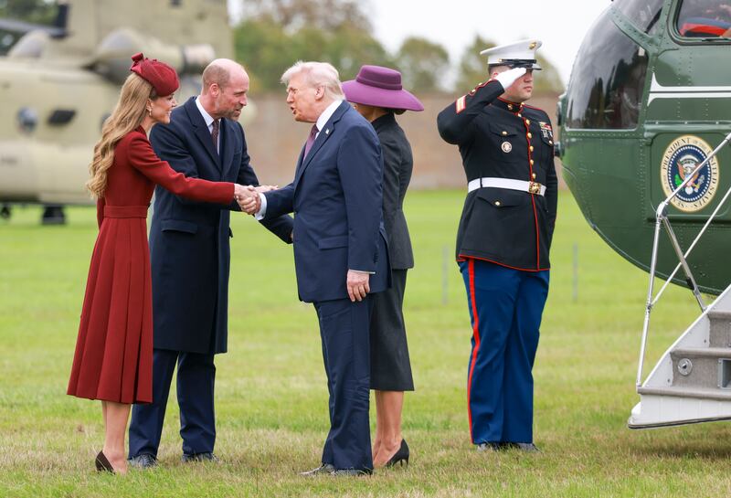 Catherine, Princess of Wales (L) and Prince William, Prince of Wales (2nd L) welcome US President Donald Trump and First Lady Melania Trump to Windsor Castle