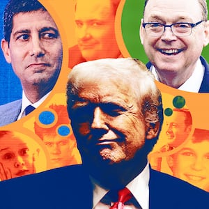 Donald Trump, Kevin Warsh and Kevin Hassett against a background of Kevins in pop culture.