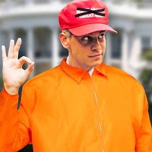 A photo illustration of Milo Yiannopoulos in an orange jumpsuit.