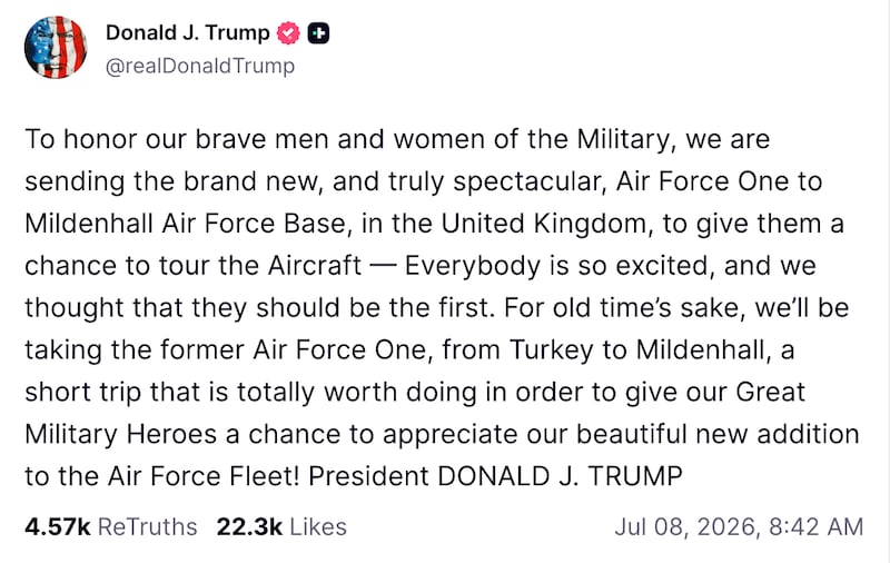 Trump posts about why the new Air Force One left Turkey without him.