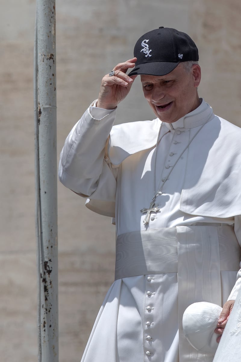 Pope Leo XIV wears a Chicago White Sox baseball team cap
