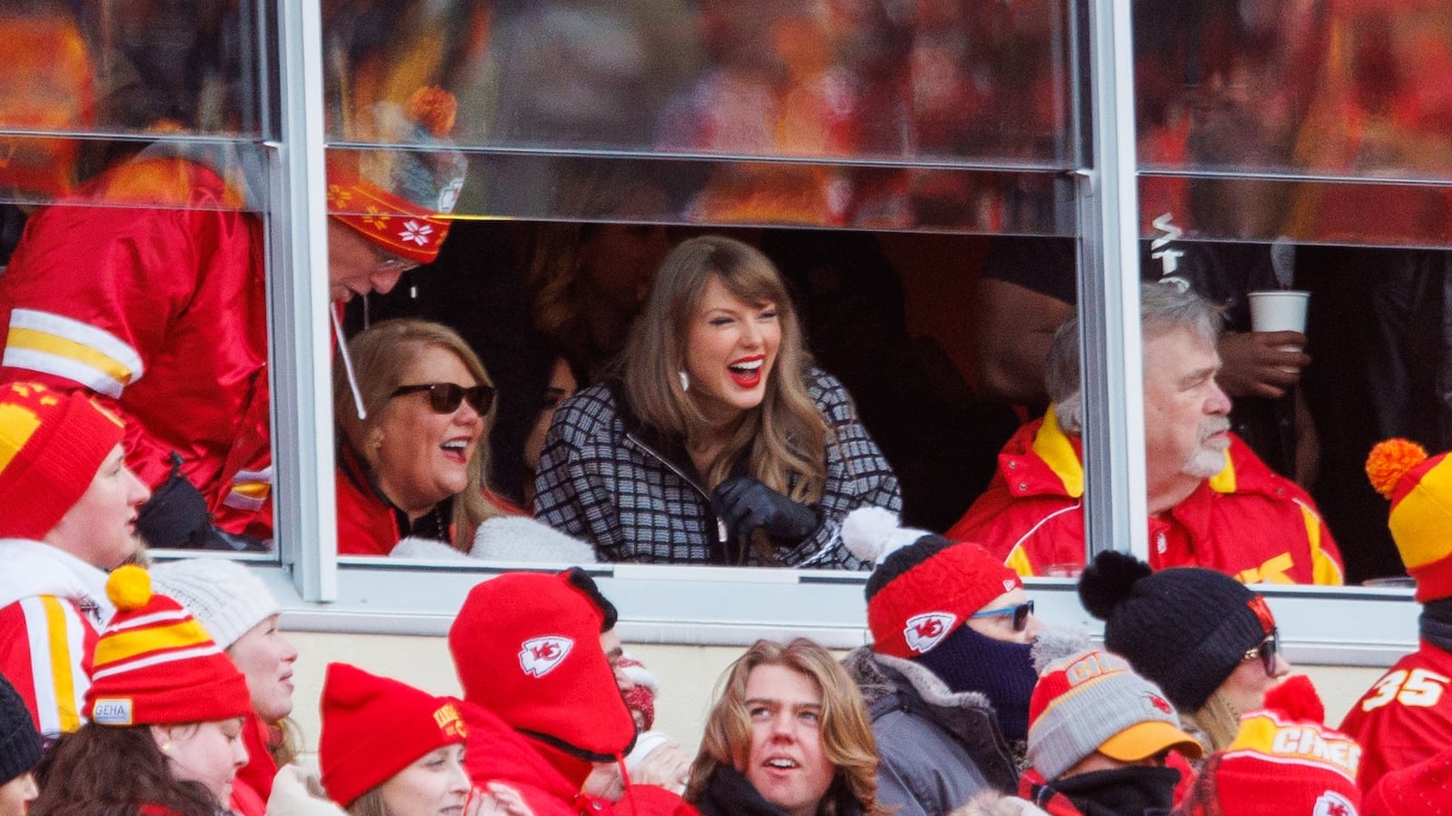Taylor Swift reacts to game play during the AFC Divisional Playoff game between the Kansas City Chiefs and the Houston Texans on January 18th, 2025 at GEHA Field Arrowhead Stadium in Kansas City, Missouri.