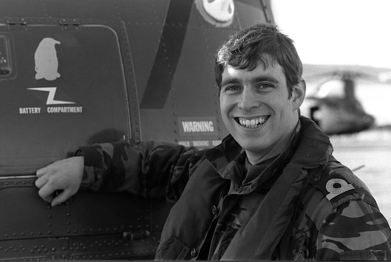 Prince Andrew (later the Duke of York) at Port Stanley in his capacity as a helicopter pilot with HMS Invincible.   (Photo by Martin Cleaver - PA Images/PA Images via Getty Images)