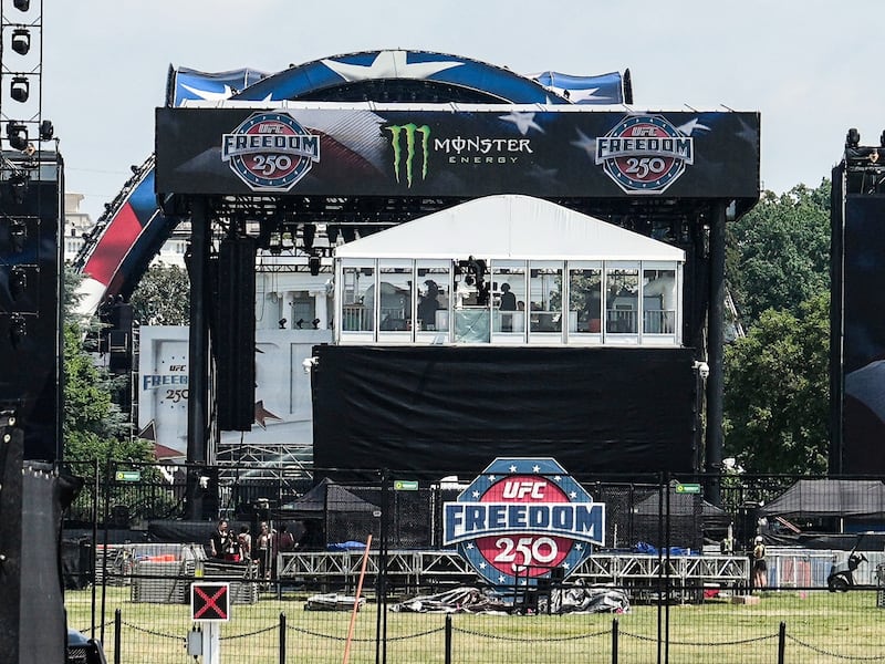 Monster Energy logo on stage for the UFC Freedom 250 event.