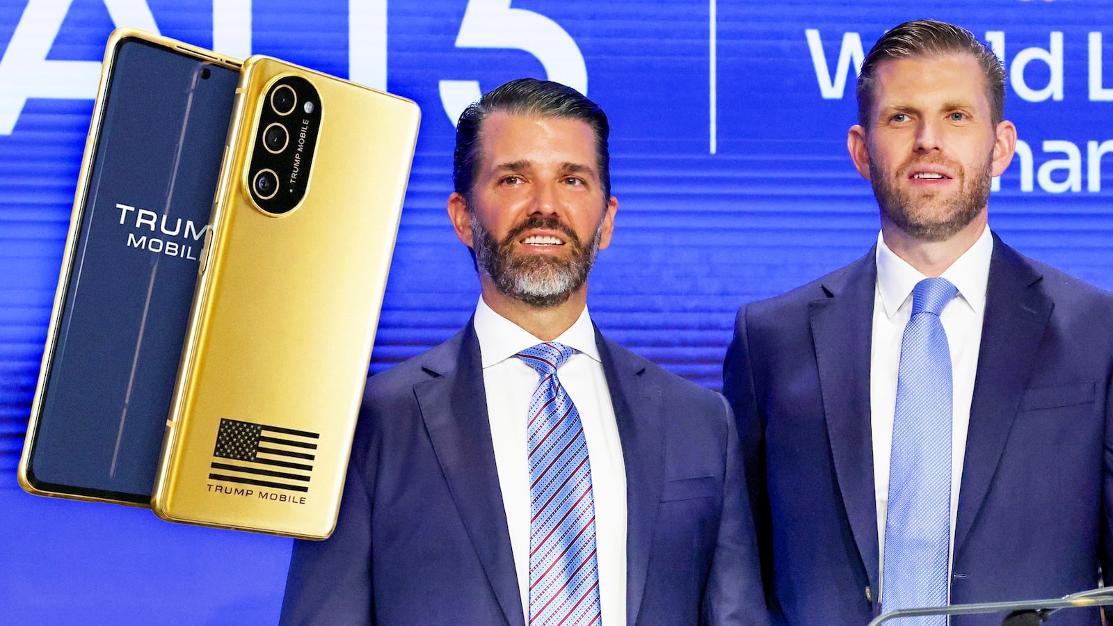 A photo composite of Donald Trump Jr., Eric Trump, and the Trump Mobile phone.