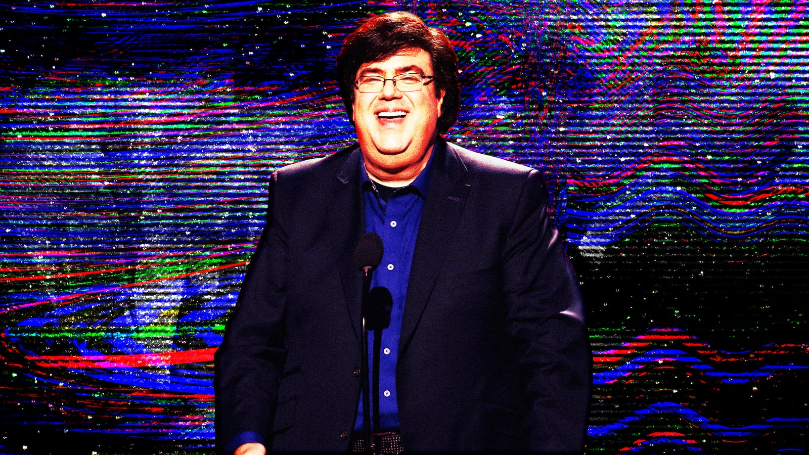 A photo illustration of Dan Schneider on TV static.