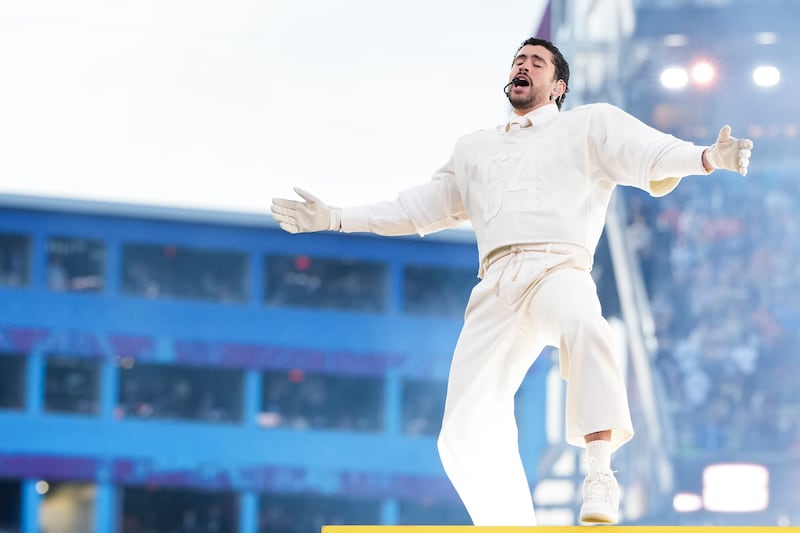 SANTA CLARA, CALIFORNIA - FEBRUARY 08: Musician Bad Bunny performs during the Apple Music halftime show at the NFL Super Bowl LX football game between the Seattle Seahawks and New England Patriots at Levi Stadium on February 8, 2026 in Santa Clara, California. (Photo by Todd Rosenberg/Getty Images)