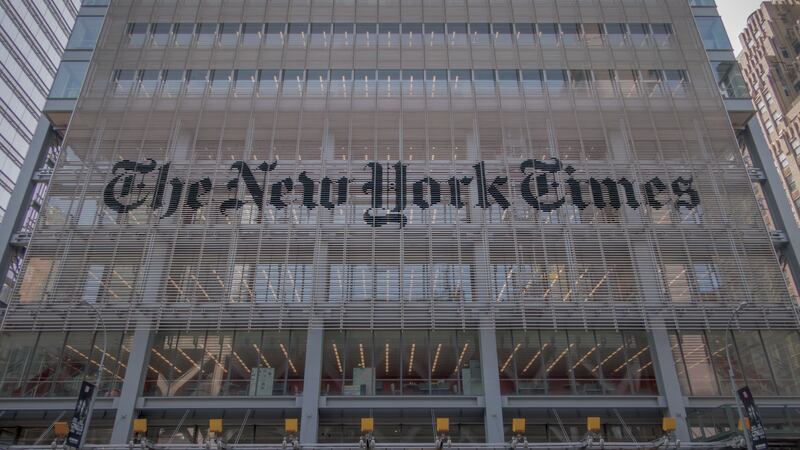 MANHATTAN, NEW YORK, UNITED STATES - 2025/06/02: Sign at the entrance to the New York Times Headquarters in Midtown Manhattan.