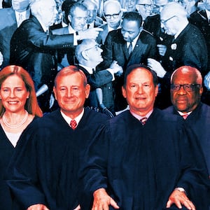 A photo illo illustration of conservative Supreme Court justices, LBJ and MLK during the signing of the Civil Rights Act of 1964 at The White House.