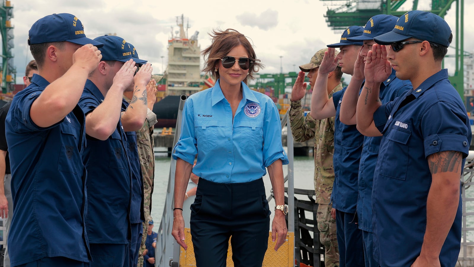 PANAMA CITY, PANAMA - JUNE 24: U.S. Homeland Security Secretary Kristi Noem boards the U.S. Coast Guard Cutter Escanaba for a meeting on drug interdiction on June 24, 2025 in Panama City, Panama. Noem is traveling to several Central American countries where she will meet with political leaders and to learn about immigration programs and facilities backed by the U.S. Department of Homeland Security in the region. (Photo by Anna Moneymaker/Getty Images)