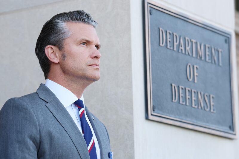 ARLINGTON, VIRGINIA - SEPTEMBER 22: U.S. Secretary of War Pete Hegseth stands at attention during an advanced honor cordon for Canadian National Defense Minister David McGuinty at the Pentagon on September 22, 2025 in Arlington, Virginia. McGuinty is visiting the Pentagon for the first time since being appointed Defense Minister of Canada. (Photo by Anna Moneymaker/Getty Images)