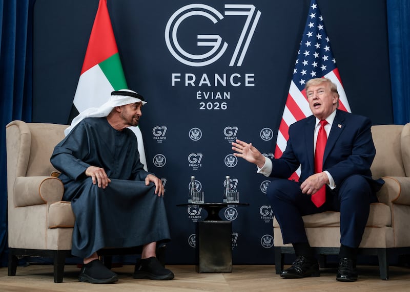 U.S. President Donald Trump attends a bilateral meeting with the President of the United Arab Emirates (UAE) Mohamed bin Zayed Al Nahyan, on the sidelines of the G7 summit, in Evian-les-Bains, France, June 16, 2026. REUTERS/Evelyn Hockstein