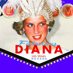 Photo illustration of Princess Diana in a showgirl hat in the Las Vegas sign