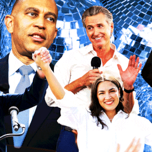 Gavin Newsome, Alexandria Ocasio Cortez, Hakeem Jeffries, and Bernie Sanders in front of blue disco balls